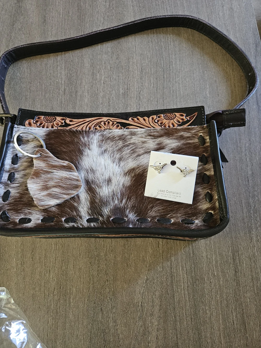 Western Cowhide & Tooled Leather Crossbody Bag/Keychain And Fashion Earrngs